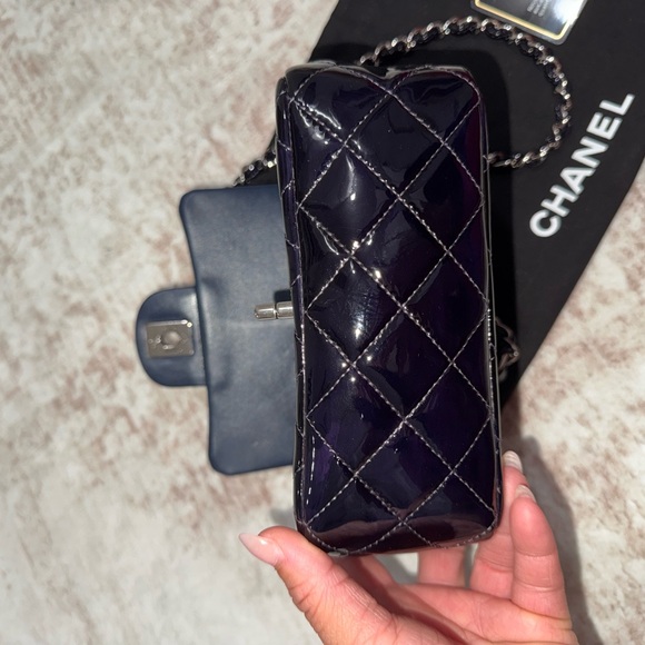 CHANEL Navy Blue Patent Quilted Mini Flap Crossbody with Silver Chain - Picture 7 of 9